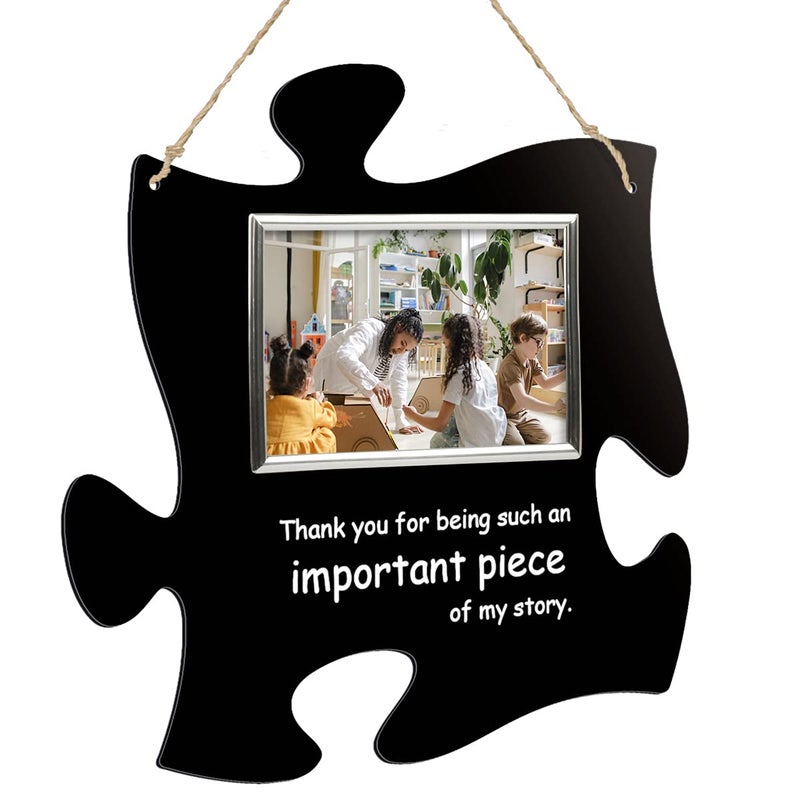 PlaqueMaker Thank You For Being A Piece Of My Story  Hanging Modern Acrylic Puzzle Piece Sign with 6 x 4 Picture Frame  A Great Teacher Mentor Or Leader Gift Black Acrylic with Silver Frame