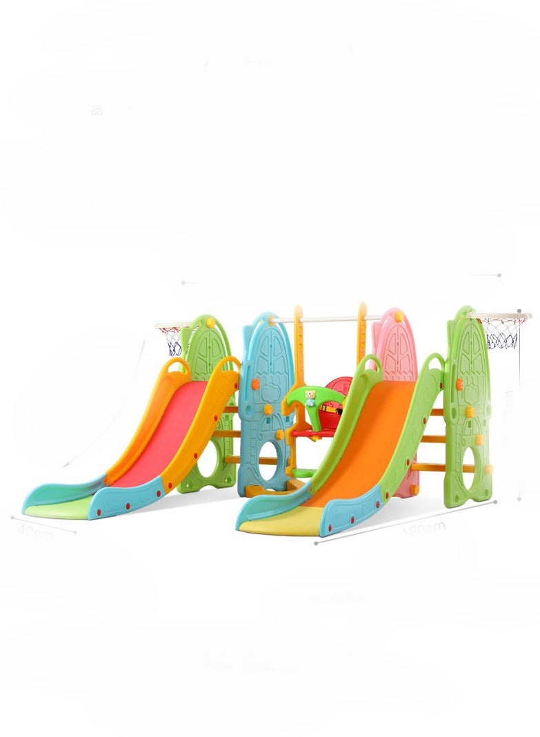 فول جوي مجموعة أرجوحة مع 2 زحليقة  للأطفال مع حلقة كرة سلة و موسيقي، لعبة 5 في 1 للأطفال للعب منزلق متسلق داخلي وخارجي مرجيحة وسلم تسلق و حلقة كرة سلة - Image 1