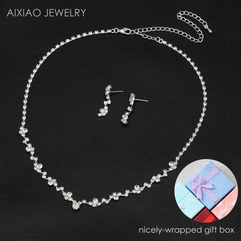 Aixiao Elegant Silver Necklace Earrings Bracelet Bridal Wedding Jewelry Sets for Brides Bridesmaid Prom Formal Costume Accessories for Women - Image 5