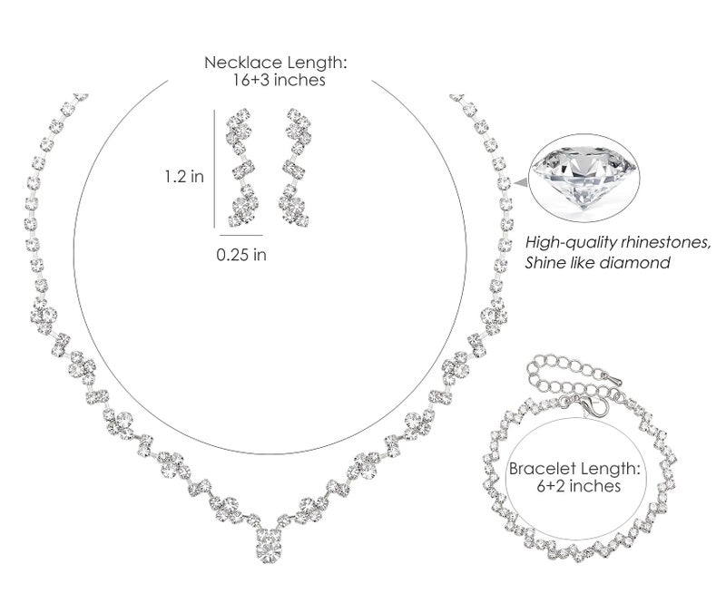 Aixiao Elegant Silver Necklace Earrings Bracelet Bridal Wedding Jewelry Sets for Brides Bridesmaid Prom Formal Costume Accessories for Women - Image 2