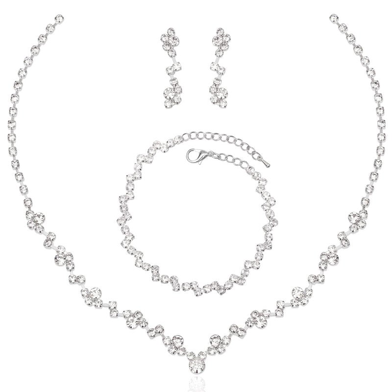 Aixiao Elegant Silver Necklace Earrings Bracelet Bridal Wedding Jewelry Sets for Brides Bridesmaid Prom Formal Costume Accessories for Women - Image 1