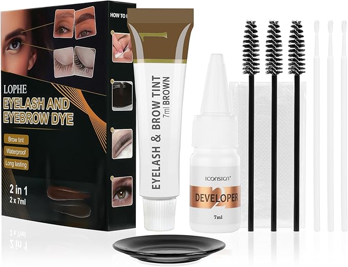 LOPHE Brow and Lash Tint Brown Eyebrow Dye and Eyelash Tint Fast Easy Brow Dye Starter Kit Formula Brow Tint with Fibres for Plump Thick Lash Long Lasting Volume Lash Tint and Full Brows
