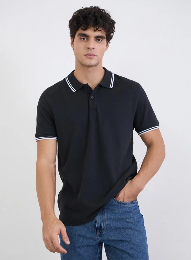 Styli Men Solid Regular Fit Cotton Pique Polo T-Shirt with Tipping