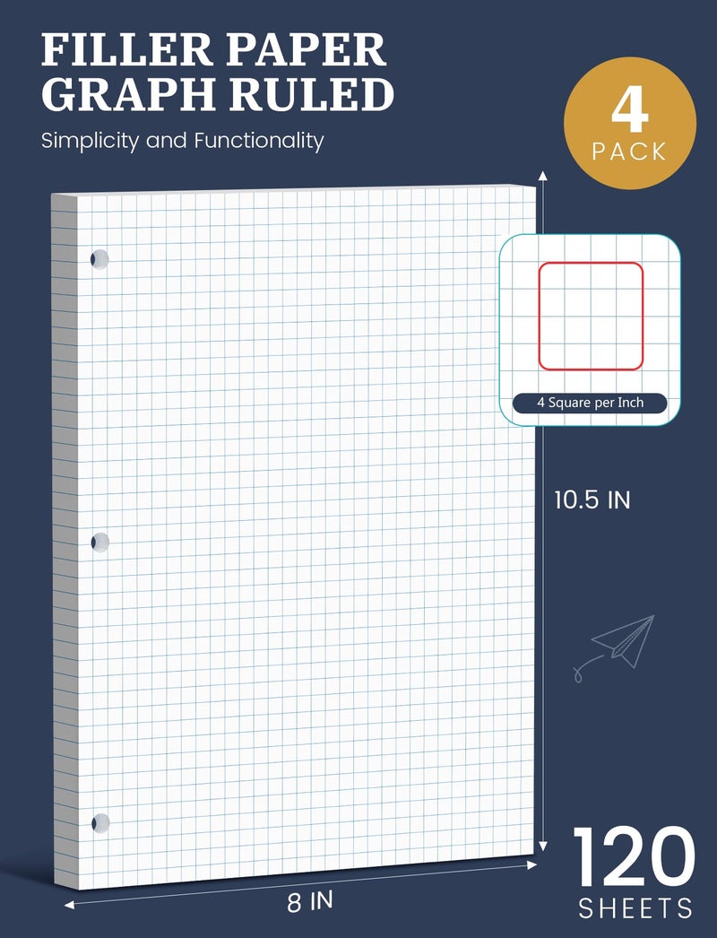 Aidunmis Graph Paper Loose Leaf, 120 Sheets Loose Leaf Paper, Binder Paper 8 x 10.5 in, 4x4 Quad Ruled Filler Papers Bulk 8 x 10-1/2 for Binder, 3-Hole Punched Graphing Pads for Engineering Sketching Notes - Image 2
