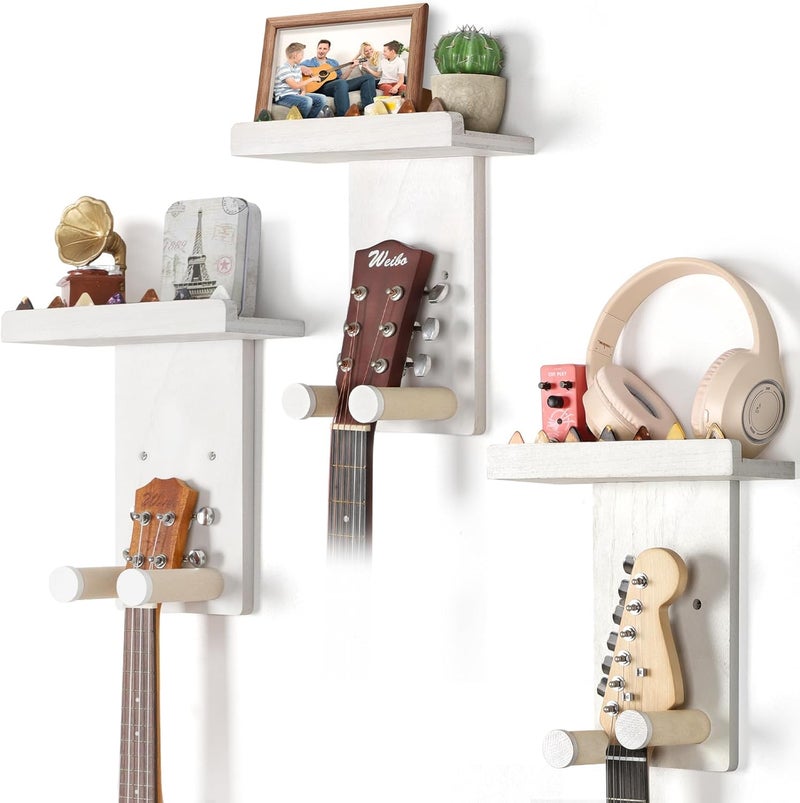 Keebofly Guitar Wall Mount 3-Pack - Rustic Wood Guitar Hanger with Pick Holder for Acoustic, Electric, Bass Guitars & Ukulele (Matte White, Screw-Mounted) [Patented] - Image 1