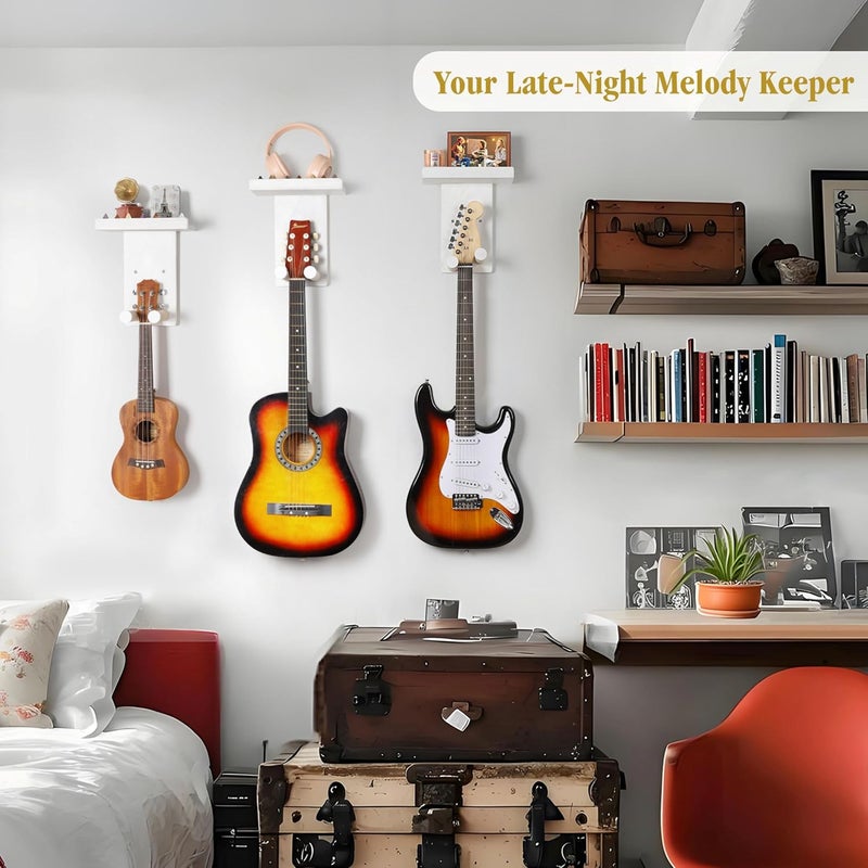 Keebofly Guitar Wall Mount 3-Pack - Rustic Wood Guitar Hanger with Pick Holder for Acoustic, Electric, Bass Guitars & Ukulele (Matte White, Screw-Mounted) [Patented] - Image 4