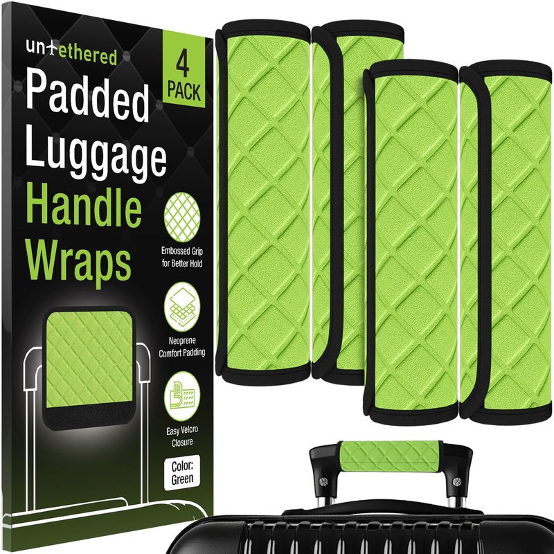 Untethered Luggage Handle Wraps (4-Pack) | Padded Suitcase Handle Covers with Diamond-Grip Design â€“ Comfortable Neoprene Travel Handle Wraps for Luggage, Bags & Suitcases. (4-Pack | Green) - Image 1