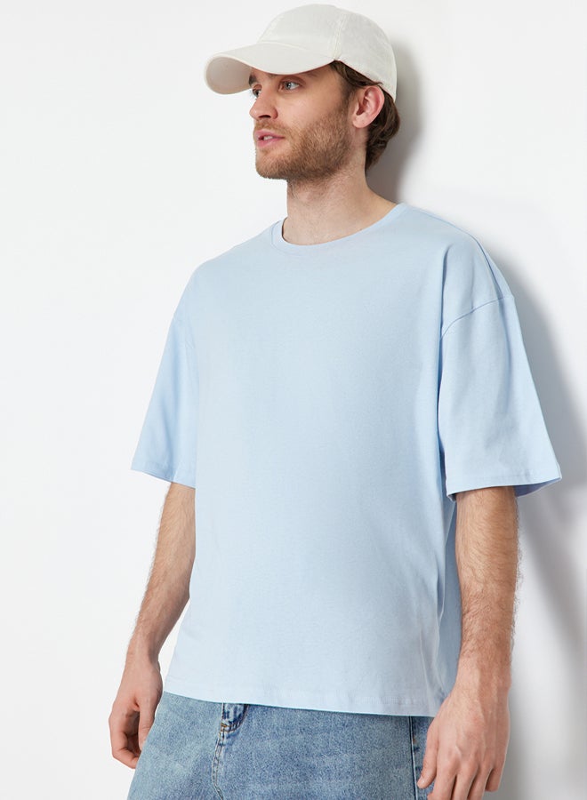 trendyol Light Blue Oversize/Wide Cut 100% Cotton Short Sleeve Basic T-Shirt - Image 5