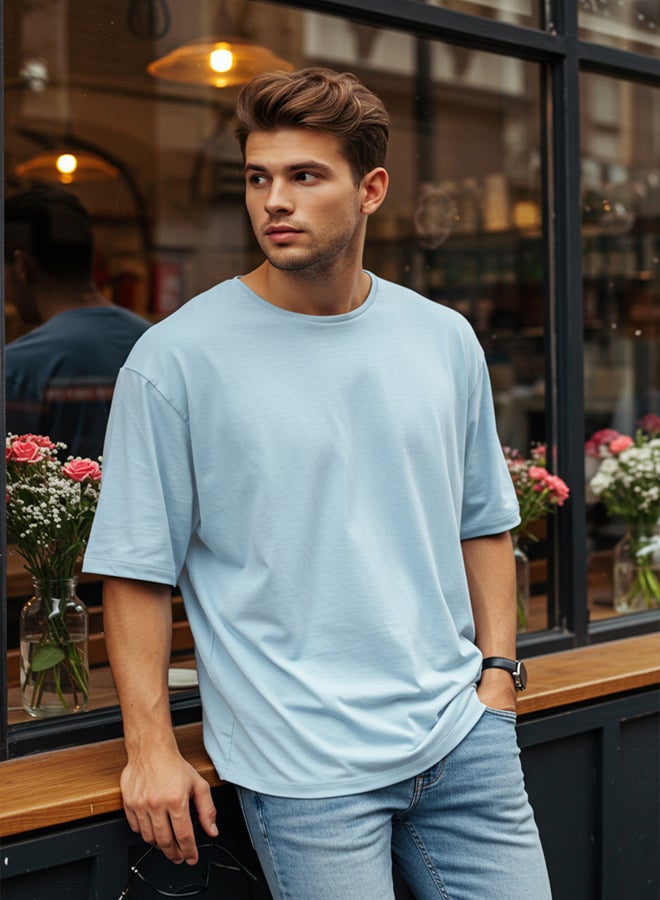 trendyol Light Blue Oversize/Wide Cut 100% Cotton Short Sleeve Basic T-Shirt - Image 1