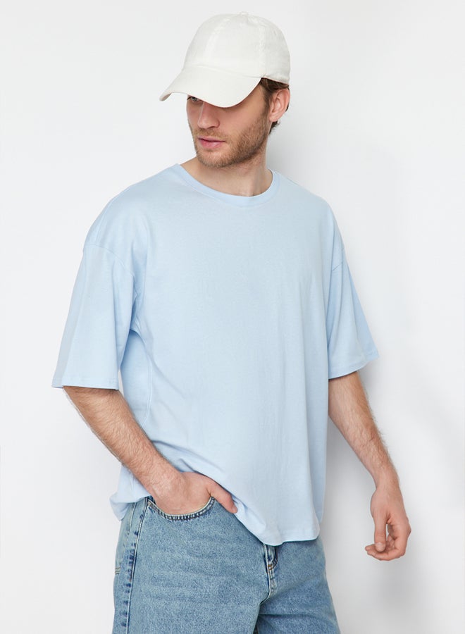 trendyol Light Blue Oversize/Wide Cut 100% Cotton Short Sleeve Basic T-Shirt - Image 4