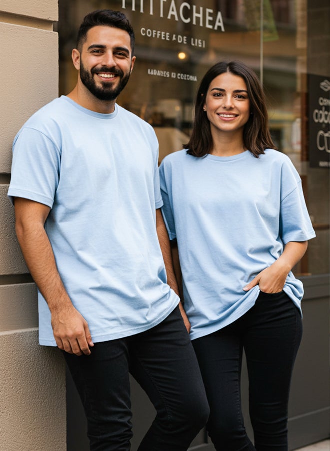 trendyol Light Blue Oversize/Wide Cut 100% Cotton Short Sleeve Basic T-Shirt - Image 3