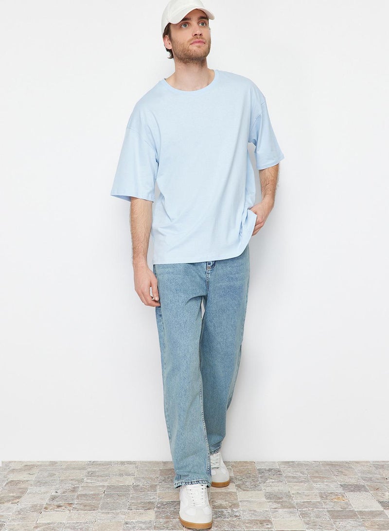trendyol Light Blue Oversize/Wide Cut 100% Cotton Short Sleeve Basic T-Shirt - Image 5