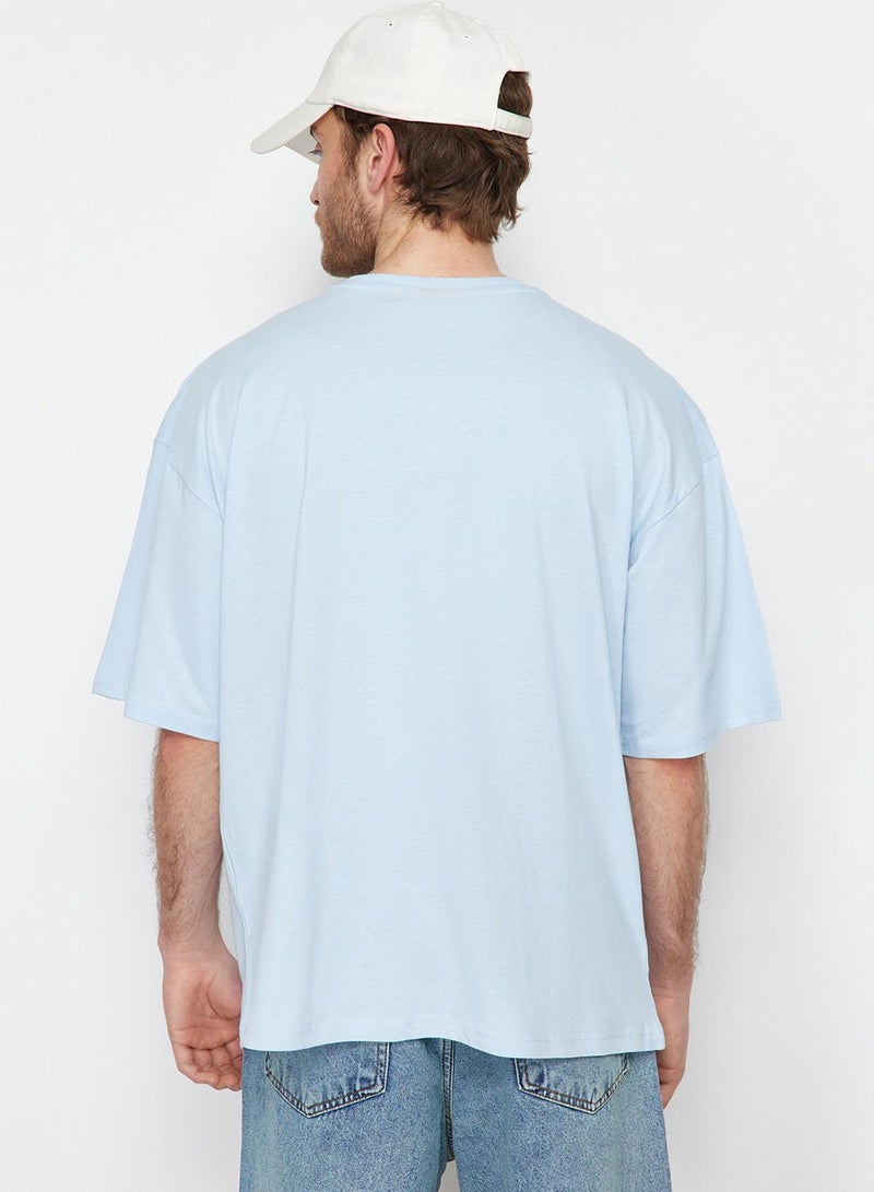 trendyol Light Blue Oversize/Wide Cut 100% Cotton Short Sleeve Basic T-Shirt - Image 3