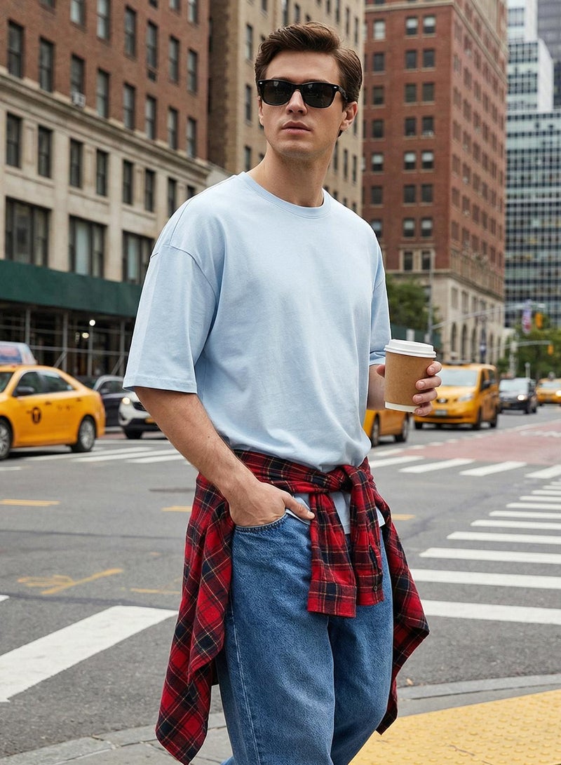 trendyol Light Blue Oversize/Wide Cut 100% Cotton Short Sleeve Basic T-Shirt - Image 1