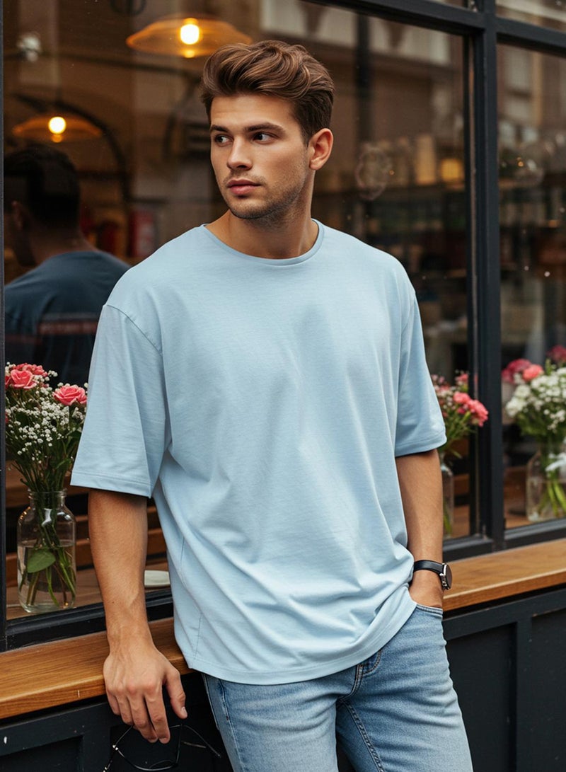 trendyol Light Blue Oversize/Wide Cut 100% Cotton Short Sleeve Basic T-Shirt - Image 2