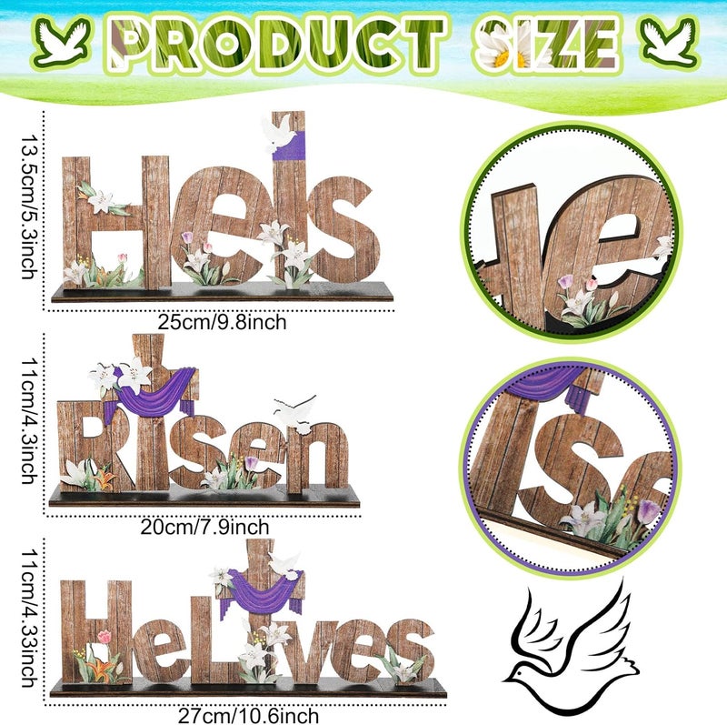 Marsui 3 Pcs Easter Table Decor He is Risen Tabletop Decorations He Lives Wooden Signs Religious Jesus Cross Rustic Table Centerpiece for Easter Party Home Dinner Spring Decor - Image 2
