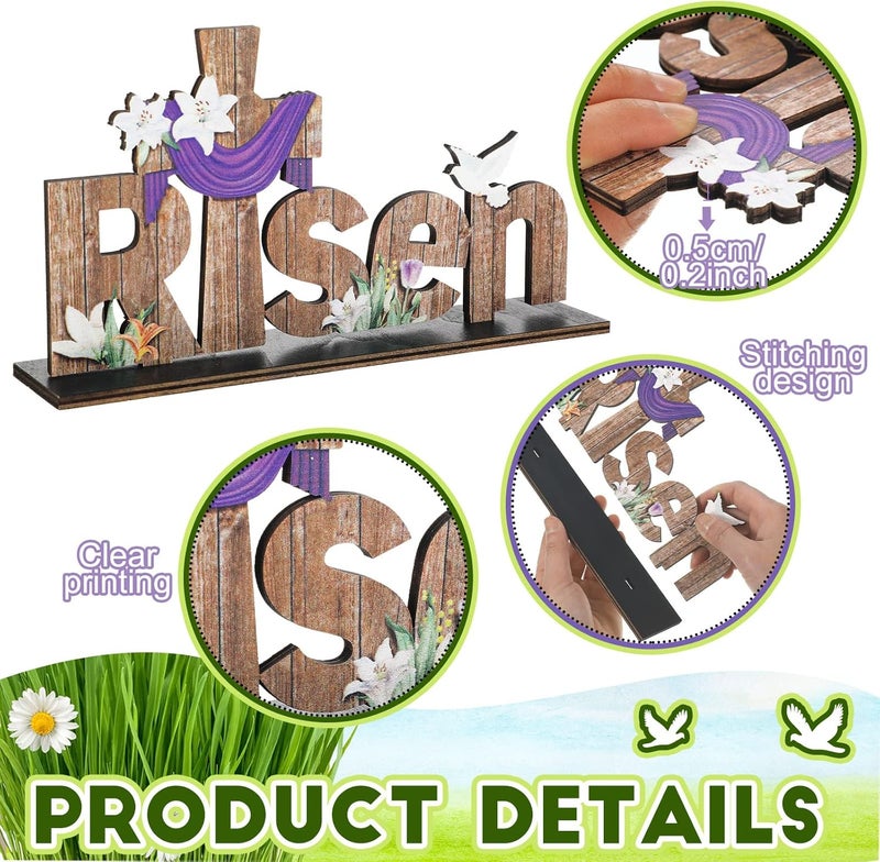 Marsui 3 Pcs Easter Table Decor He is Risen Tabletop Decorations He Lives Wooden Signs Religious Jesus Cross Rustic Table Centerpiece for Easter Party Home Dinner Spring Decor - Image 3