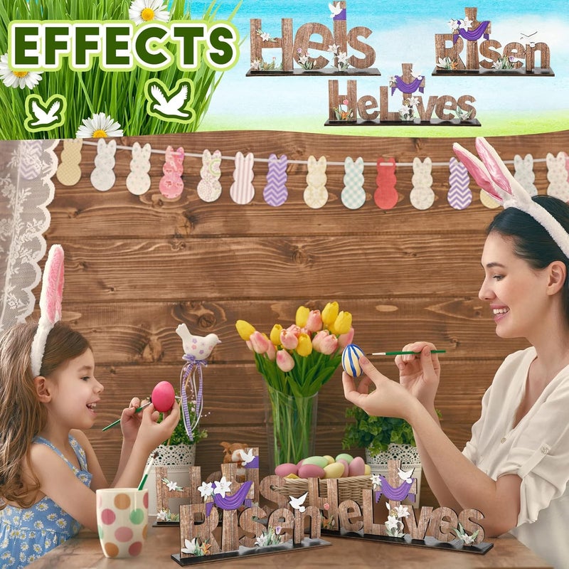 Marsui 3 Pcs Easter Table Decor He is Risen Tabletop Decorations He Lives Wooden Signs Religious Jesus Cross Rustic Table Centerpiece for Easter Party Home Dinner Spring Decor - Image 4
