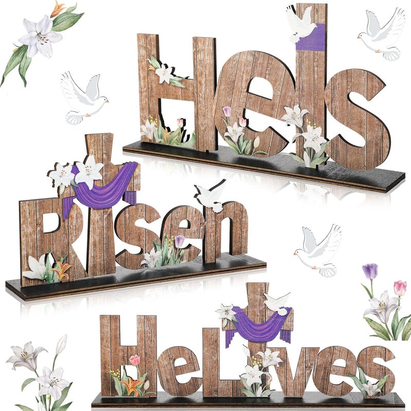 Marsui 3 Pcs Easter Table Decor He is Risen Tabletop Decorations He Lives Wooden Signs Religious Jesus Cross Rustic Table Centerpiece for Easter Party Home Dinner Spring Decor - Image 1
