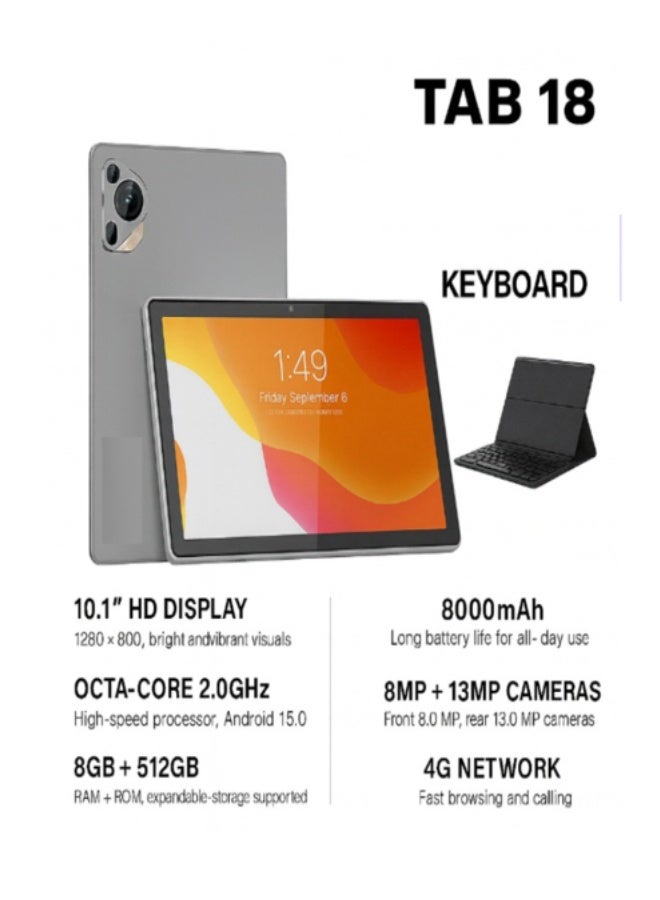 JAJEEK تاب 18 جهاز لوحي أندرويد 10.1 بوصة عرض HD، 8 جيجابايت RAM 512 جيجابايت ROM، أندرويد 15، معالج ثماني النواة، كاميرا 13 ميجابكسل + 8 ميجابكسل، بطارية 8000 مللي أمبير، 4G LTE، غطاء لوحة مفاتيح وقلم مرفق، أزرق - Image 2
