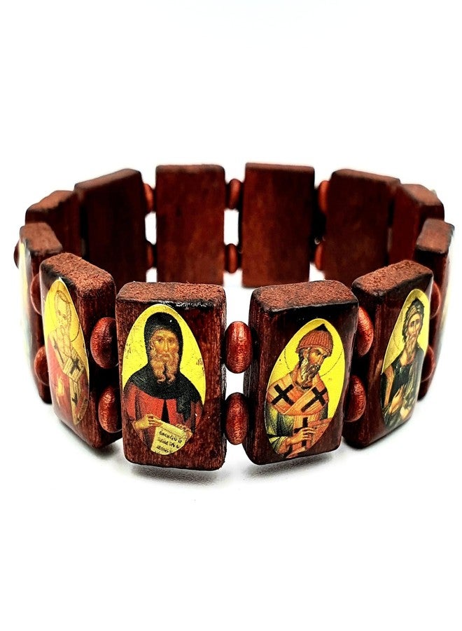 Zuluf Saint Icons Wood Beads Saints Bracelet Elastic Adjustable Bangles From Jerusalem Holy Land | Saint Bracelet For Men And Women Icon Image Stretch Bracelet | Orthodox Catholic Saints |BRA001 - Image 1