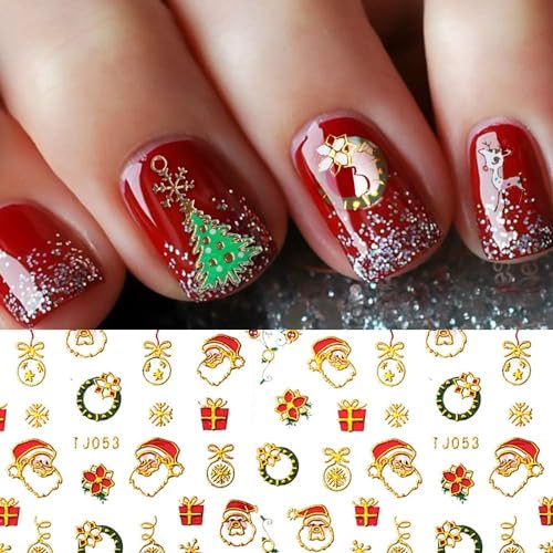 Pretty Diva Christmas Nail Stickers - 10 Packs 3D Metal Gold Xmas Design Self-Adhesive Nail Decals, Bronzing Snowflakes Snowmen Santa Xmas Tree Nail Art Stickers Tips DIY Decoration for Women Kids - Image 1