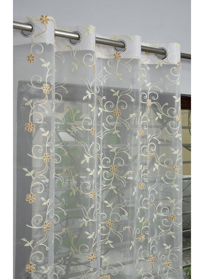 Fabrilia Floral Pattern Embroidery Tissue Net Sheer Transparent Curtains for Door 9 feet Long Set of 2, White - Image 2