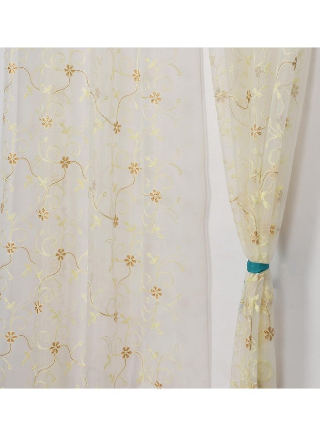 Fabrilia Floral Pattern Embroidery Tissue Net Sheer Transparent Curtains for Door 9 feet Long Set of 2, White - Image 1