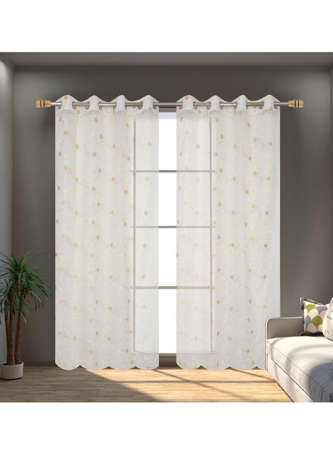 Fabrilia Floral Pattern Embroidery Tissue Net Sheer Transparent Curtains for Door 9 feet Long Set of 2, White - Image 3