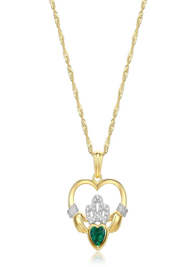 مورجان آند بايدج قلادة مورغان آند بيج من الفضة الإسترليني عيار 925 مطلية بالذهب عيار 18 قيراطًا، بتصميم قلب كلاداغ مرصع بالزمرد الصناعي والماس - مجوهرات أيرلندية، قلادة قلب، هدايا فريدة، قلادة ذهبية للنساء 18 بوصة - Image 1