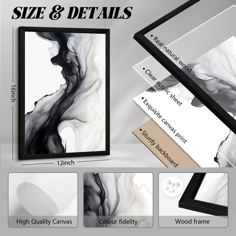 Joocrise Black White Abstract Wall Art Decor Set of 3 Modern Wall Art Minimalist Canvas Wall Decor Black White Abstract Prints Modern Pictures Minimalist Artwork for Room Bedroom 12x16 Inch Framed - Image 2