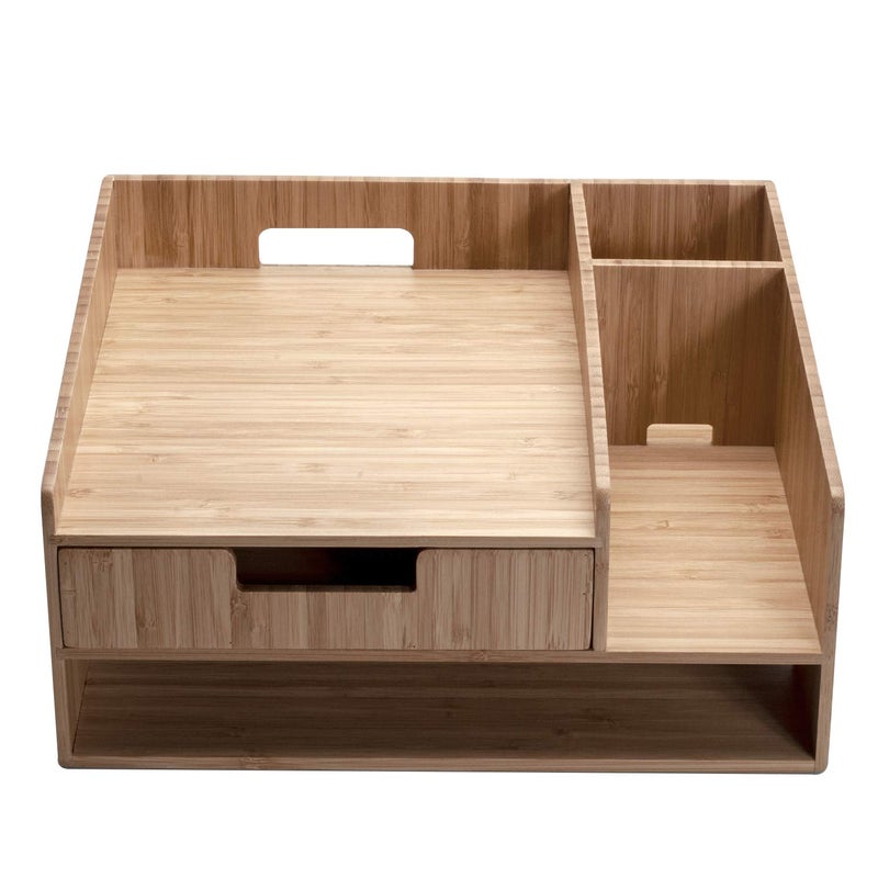 MobileVision Bamboo Telephone Stand With Drawer Paper Tray & Pencil Holder Storage Solution for office products pens scissors staplers notepads business cards & more - Image 4