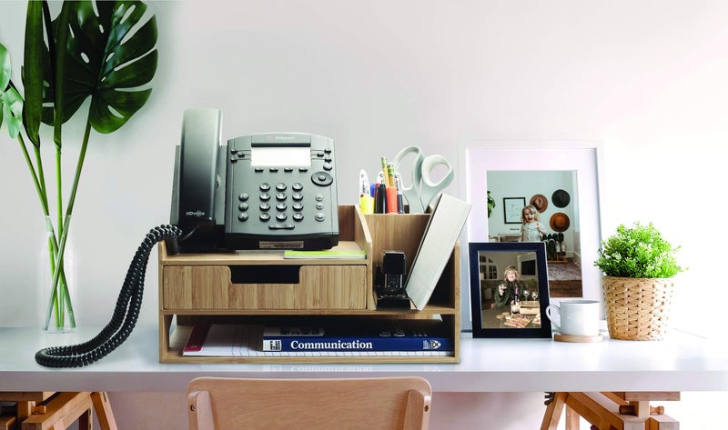 MobileVision Bamboo Telephone Stand With Drawer Paper Tray & Pencil Holder Storage Solution for office products pens scissors staplers notepads business cards & more - Image 5