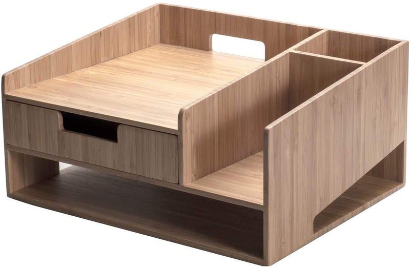 MobileVision Bamboo Telephone Stand With Drawer Paper Tray & Pencil Holder Storage Solution for office products pens scissors staplers notepads business cards & more - Image 3