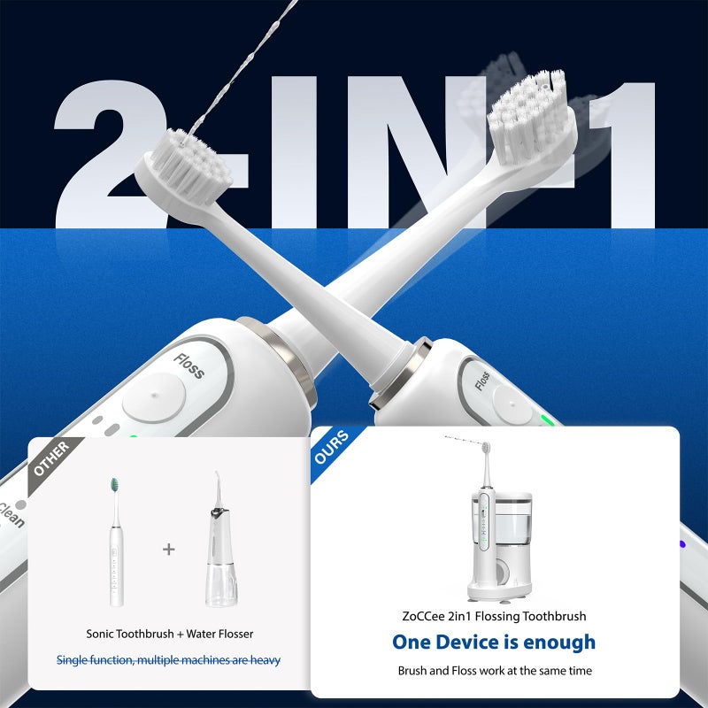 ZoCCee Electric Toothbrush with Water Flosser - Wireless Charging 3 in 1 Flossing Toothbrush - 500ML Professional Cordless Brush and Flosser in One - 5 Brush Modes & 3 Floss Speed (White) - Image 2