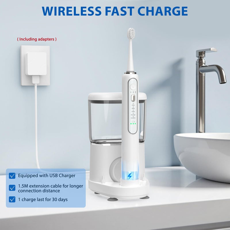 ZoCCee Electric Toothbrush with Water Flosser - Wireless Charging 3 in 1 Flossing Toothbrush - 500ML Professional Cordless Brush and Flosser in One - 5 Brush Modes & 3 Floss Speed (White) - Image 5