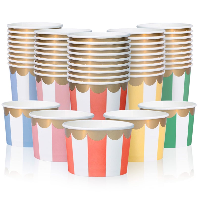 Paper Ice Cream Cups 50Count 9Oz Disposable Dessert Bowls for Hot or Cold Food 9Ounce Party Supplies Treat Cups for Sundae Frozen Yogurt Soup 5 Colors Pastel Stripes with Scalloped Gold Foil