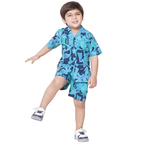 AJ DEZINES Kids Blue Cotton Shirt Shorts Half Sleeves and Abstract Printed CO-ORDS Set For Boys (Twister-CO-1001-BLUE-1) - Image 1