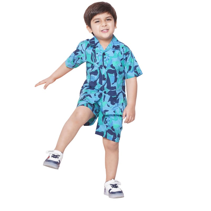 AJ DEZINES Kids Blue Cotton Shirt Shorts Half Sleeves and Abstract Printed CO-ORDS Set For Boys (Twister-CO-1001-BLUE-1) - Image 3