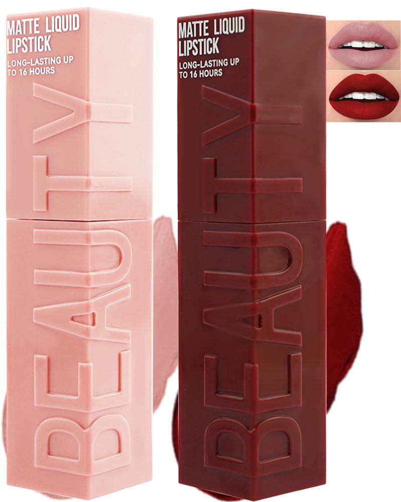 LYSdefeu Matte Liquid Lipstick for Women-2Pcs Nude Pink & Wine Red Highly Pigmented Lip Stain Tint,Velvet Matte Lip Gloss,Long Lasting Up to 16H Wear,Waterproof Smudge-proof Non-Stick Cup Lip Makeup-01+06 - Image 1