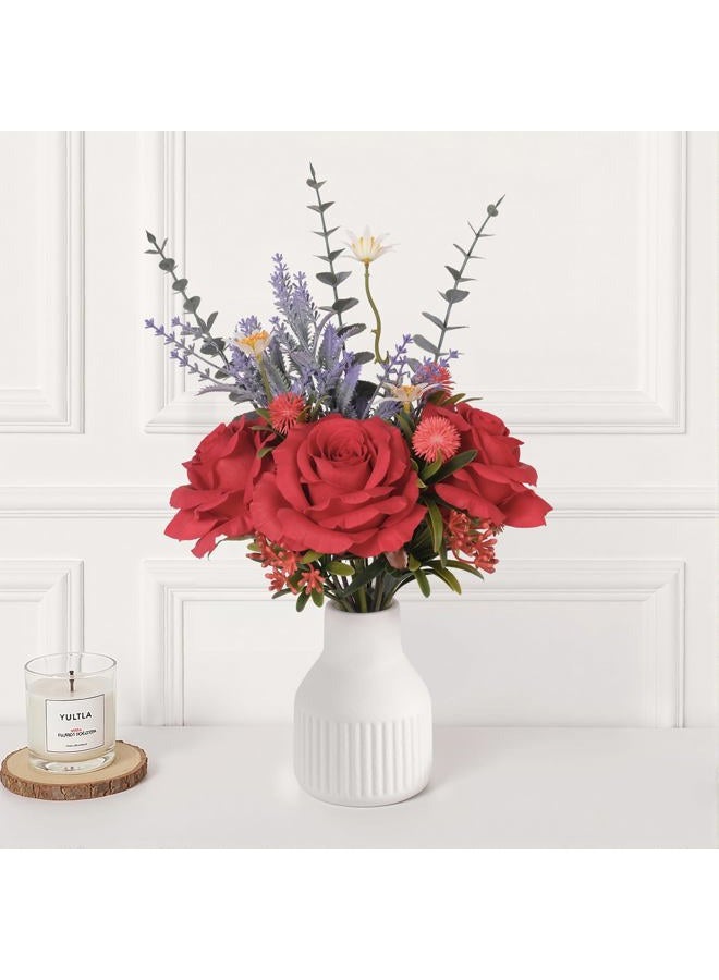 HEMYLU Artificial Flowers in Vase, Silk Roses Flowers Artificial Eucalyptus Lavenders Small Daisies and Fake Plants in White Ceramic Vase, Floral Centerpieces for Tables, Faux Flowers for Coffee Table Décor - Image 1