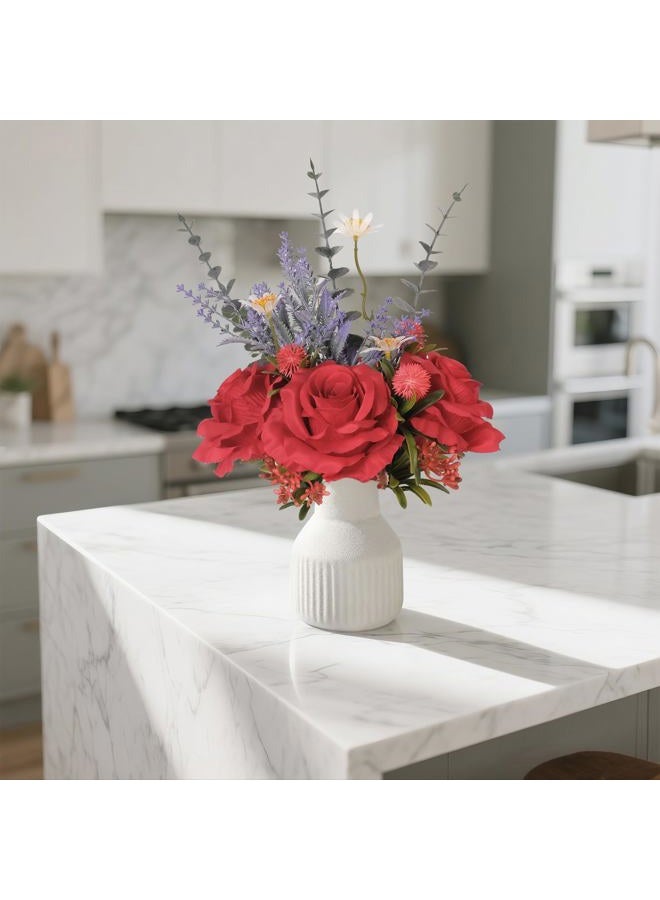 HEMYLU Artificial Flowers in Vase, Silk Roses Flowers Artificial Eucalyptus Lavenders Small Daisies and Fake Plants in White Ceramic Vase, Floral Centerpieces for Tables, Faux Flowers for Coffee Table Décor - Image 4