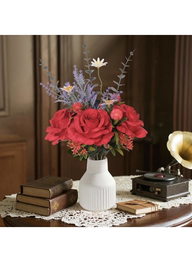 HEMYLU Artificial Flowers in Vase, Silk Roses Flowers Artificial Eucalyptus Lavenders Small Daisies and Fake Plants in White Ceramic Vase, Floral Centerpieces for Tables, Faux Flowers for Coffee Table Décor - Image 2