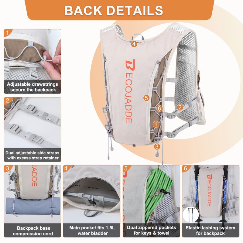 BECOJADDE Running Vest Hydration Backpack for Men Women, 5L Lightweight Running Backpack Hydration Pack for Marathon, Trail, Cycling, Hiking, Jogging Khaki - Image 3