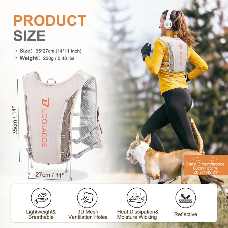 BECOJADDE Running Vest Hydration Backpack for Men Women, 5L Lightweight Running Backpack Hydration Pack for Marathon, Trail, Cycling, Hiking, Jogging Khaki - Image 4