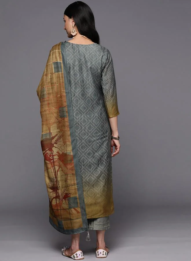 Libas Silk Embroidered Kurta with Solid Trousers and Printed Dupatta Set by Styli