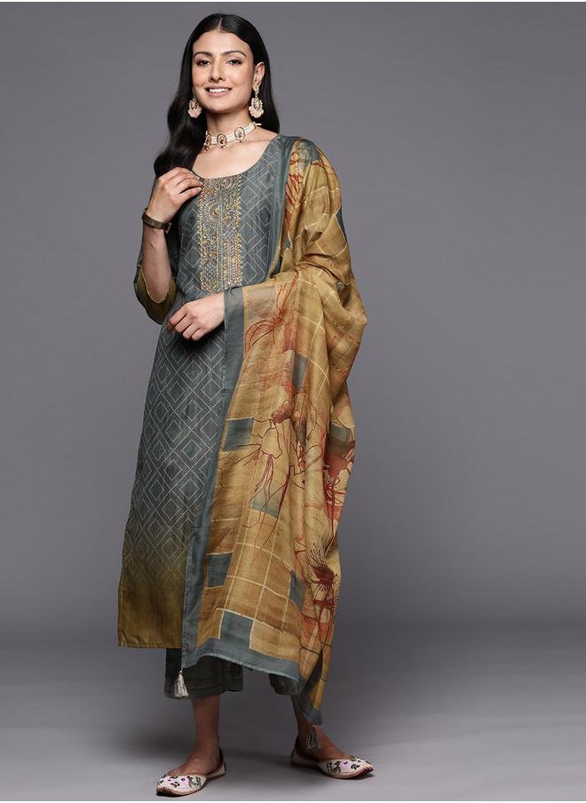Libas Silk Embroidered Kurta with Solid Trousers and Printed Dupatta Set by Styli  - Image 1