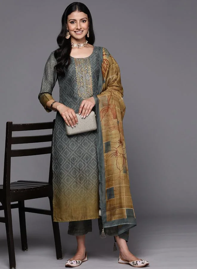 Libas Silk Embroidered Kurta with Solid Trousers and Printed Dupatta Set by Styli