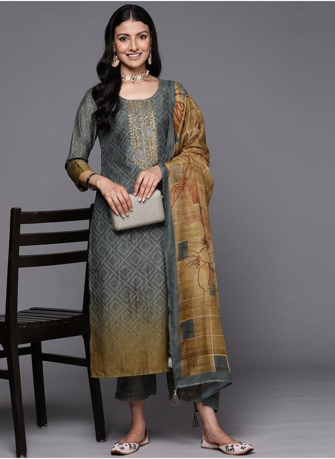 Libas - Silk Embroidered Kurta with Solid Trousers and Printed Dupatta Set by Styli - Image 1