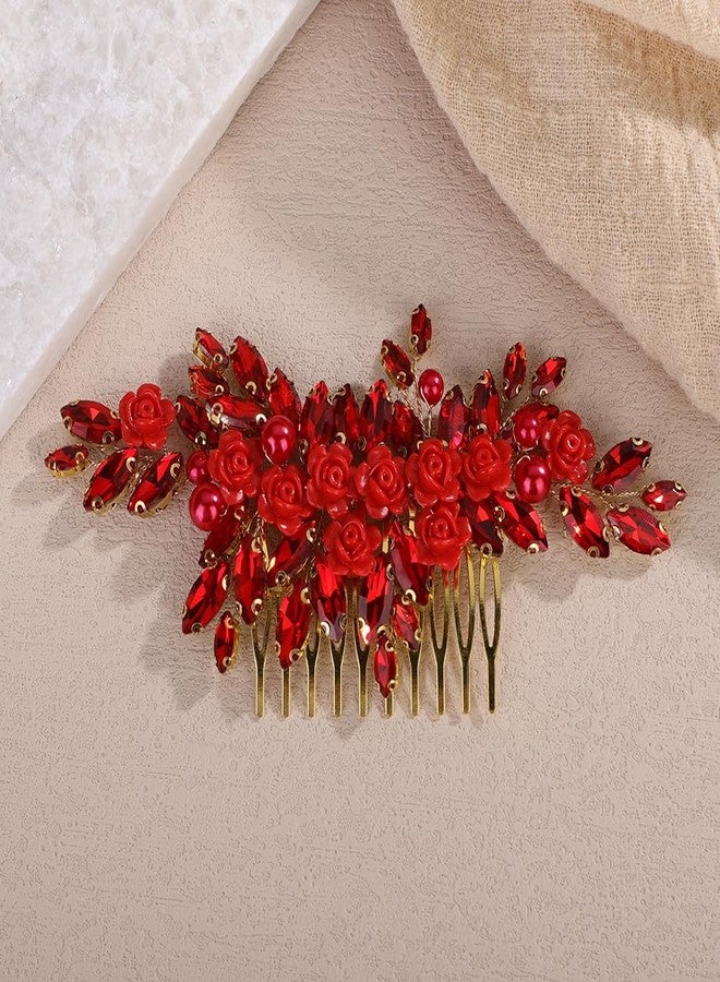Rumtock Red Rose Flower Red Crystal Beads Gold Hair Comb for Carnival Women Wedding Bridal Side Headpiece Jewelry (Red) - Image 2